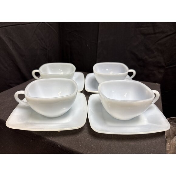 4 FIRE KING Delphite Blue Azurite Charm Square Tea/Coffee Cup & Saucer Sets - Picture 1 of 6
